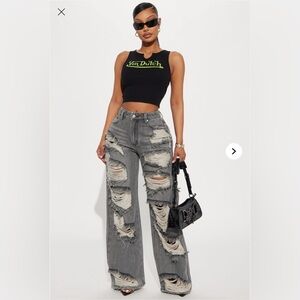 Fashion Nova Charcoal Ripped Wide Leg Jeans Baggy